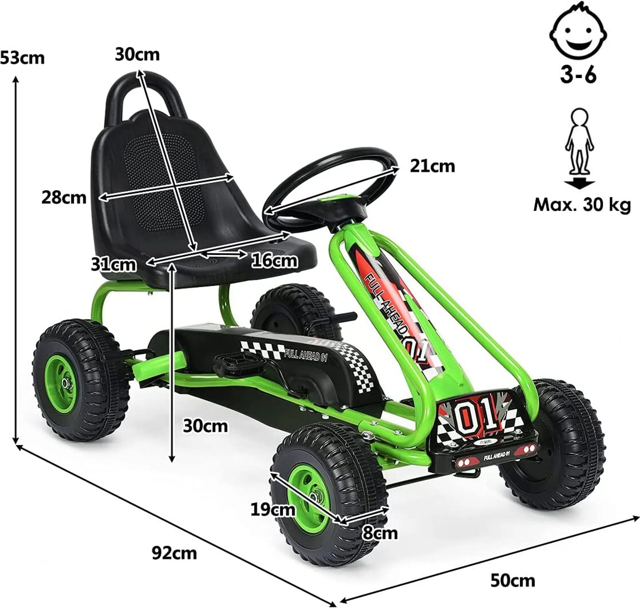 Otroški gokart z ročno zavoro, zelen, 30 kg | COSTWAY