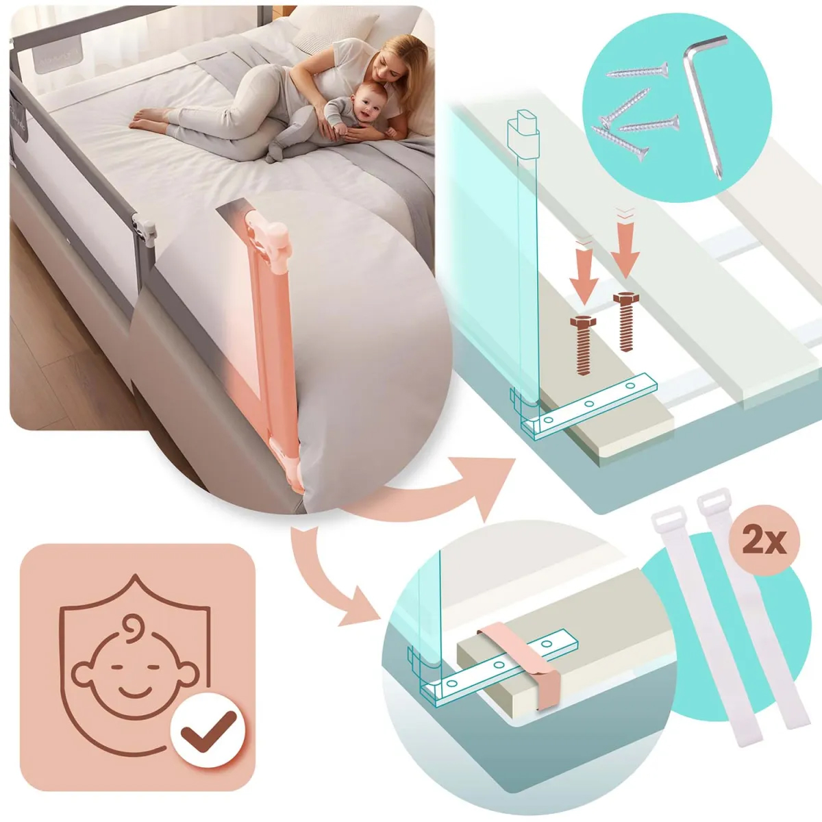 Varnostna zaščita za posteljo NK-227, 180 cm, siva | Nukido