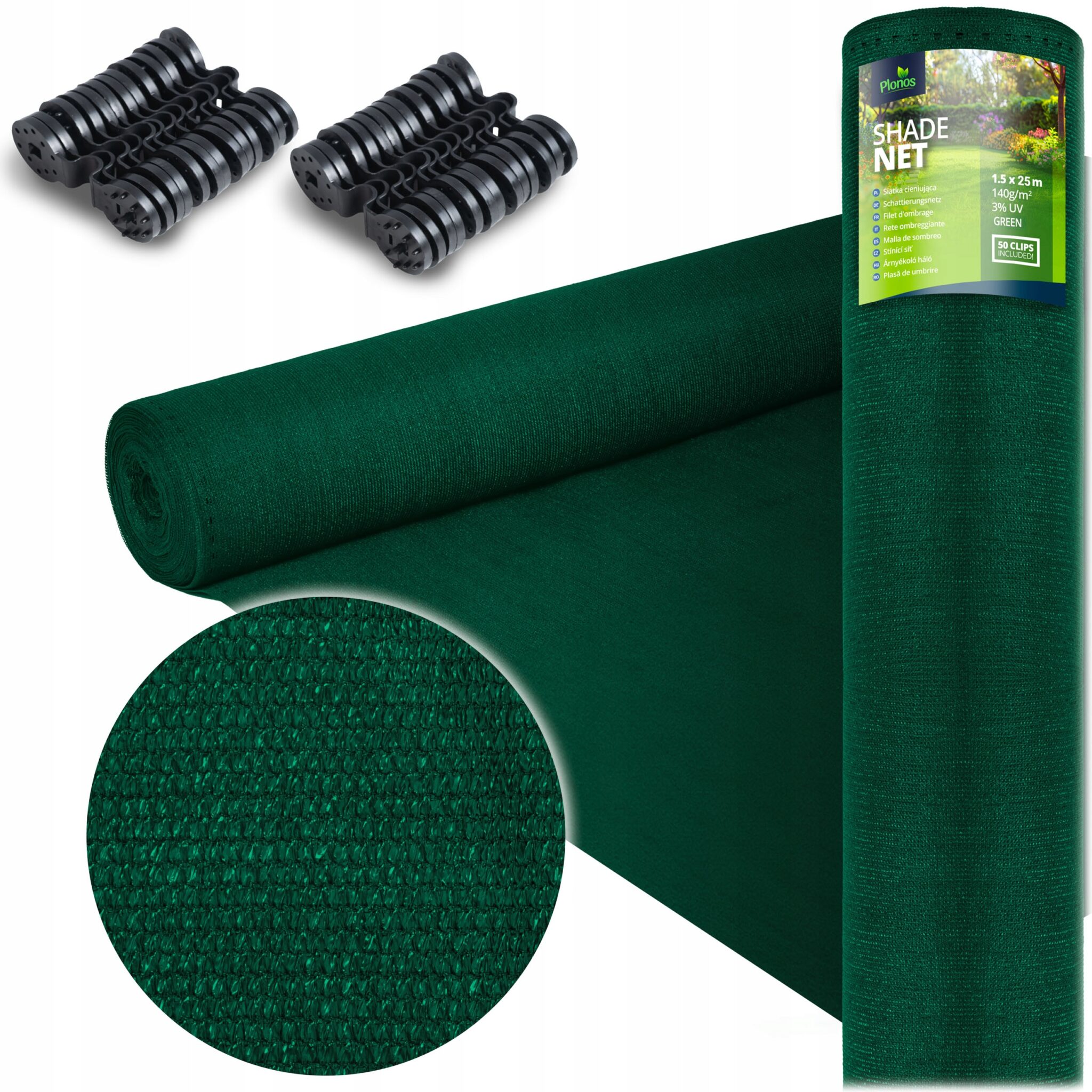 Senčna mreža + 50 sponk, 140g/m2, 1,5x25m, zelena | Plonos