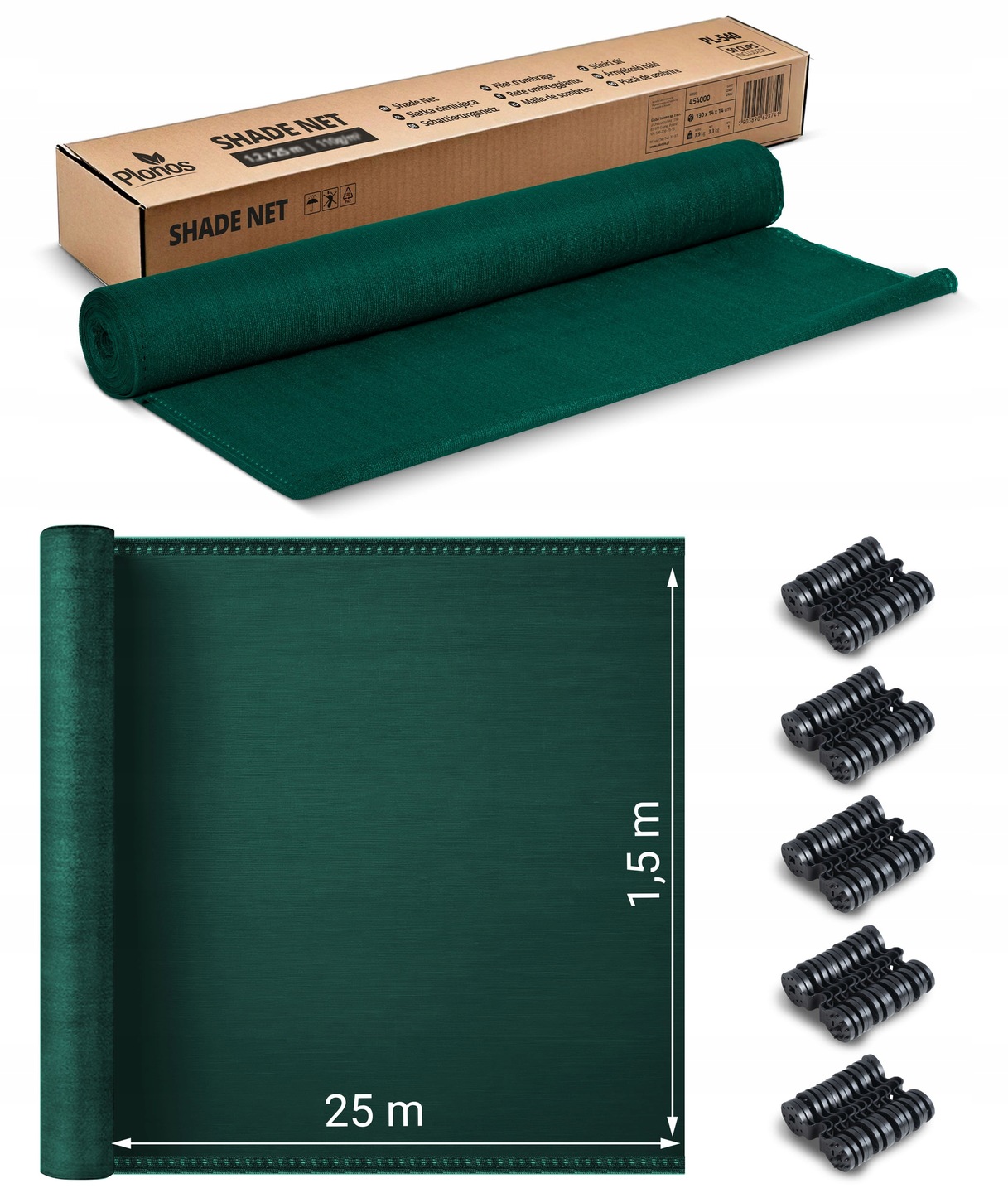 Senčna mreža + 50 sponk, 140g/m2, 1,5x25m, zelena | Plonos
