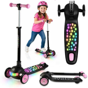 Trikolesni skiro z osvetlitvijo, črno-roza | Ricokids Glowi